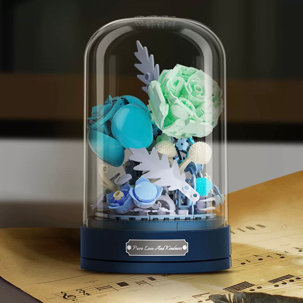 Block Building Romantic Flower Music Box | Blue Rose Autumn Flower - DIY Valentine Wedding Handmade Gift
