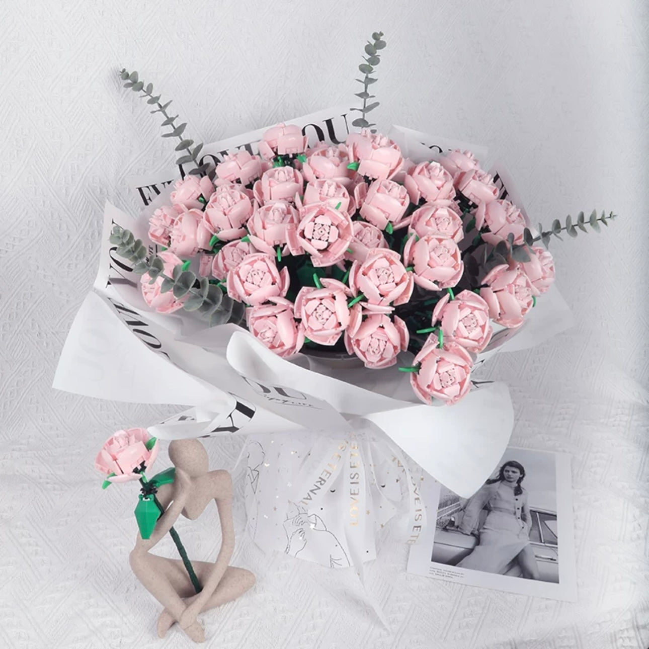 Block Building Romantic Elernal Flowers Bouquet Gift Box | Pink Red Blue White Rose - with LED Lights Valentine Wedding Gift DIY Handmade Gift