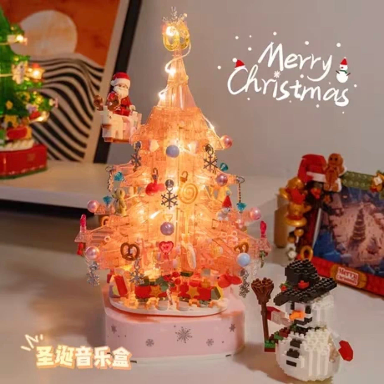 Mini Block Building Crystal Christmas Tree Music Box | Pink - DIY Handmade Xmas Gift KawaiiGiftLand