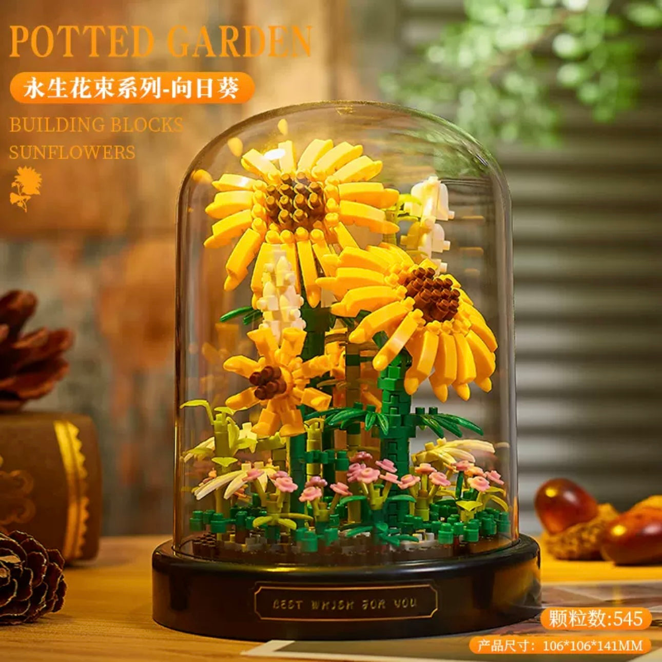 Mini Block Building Flower Diaries with Cover | Rose Daisy Cactus Sunflower Jasmine - with LED Lights Valentine Gift DIY Handmade Gift KawaiiGiftLand