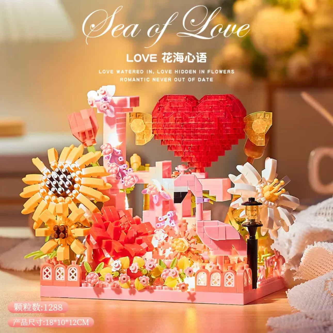 Mini Block Building Romantic Flower | Sea of Love - with LED Lights DIY Valentine Handmade Gift KawaiiGiftLand