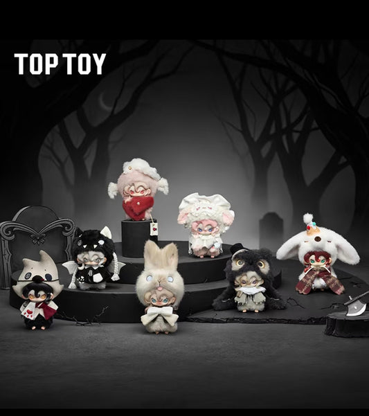 Moonin The Shrouded Night plush doll featuring a character wearing a cream-colored tattered ghost shroud cap with stitched swirl details and a two-tone burgundy scarf.