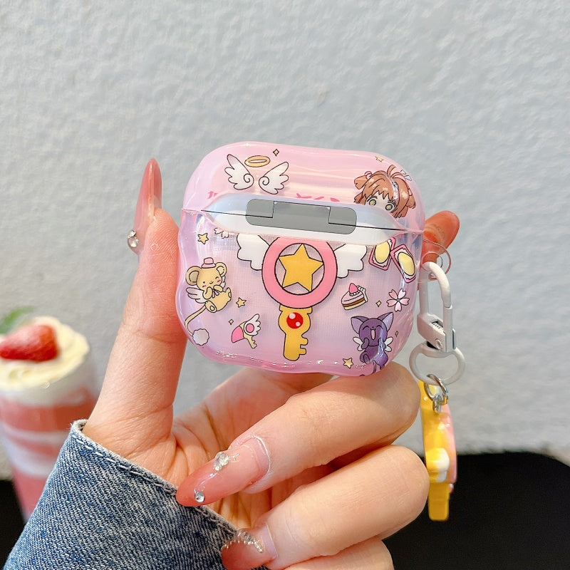 Japanese Cartoon CardCaptor Sakura | Drawing Cerberus & Magic Wand Stick - with Charm AirPods AirPodsPro AirPods3 AirPods4 Case