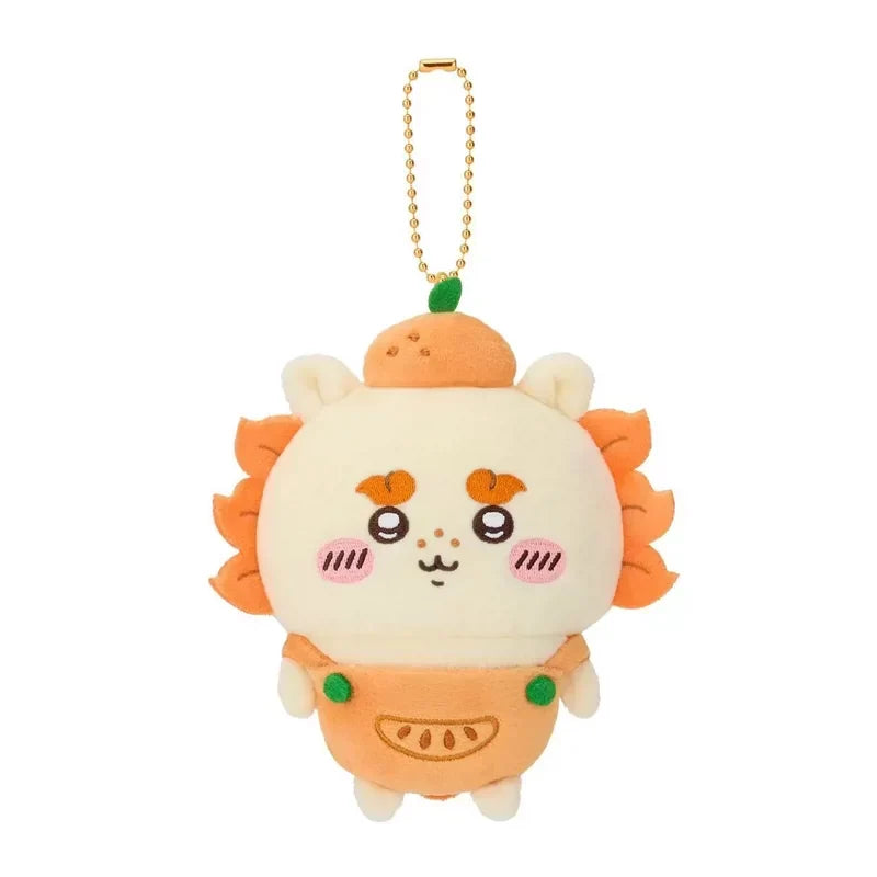 Japan ChiiKawa Fruit Series ChiiKawa Hachiware Usagi Momonga Kurimanju Rakko Shisa Wearing Fruit Costume cute Plush Doll Keychain packaging and product view