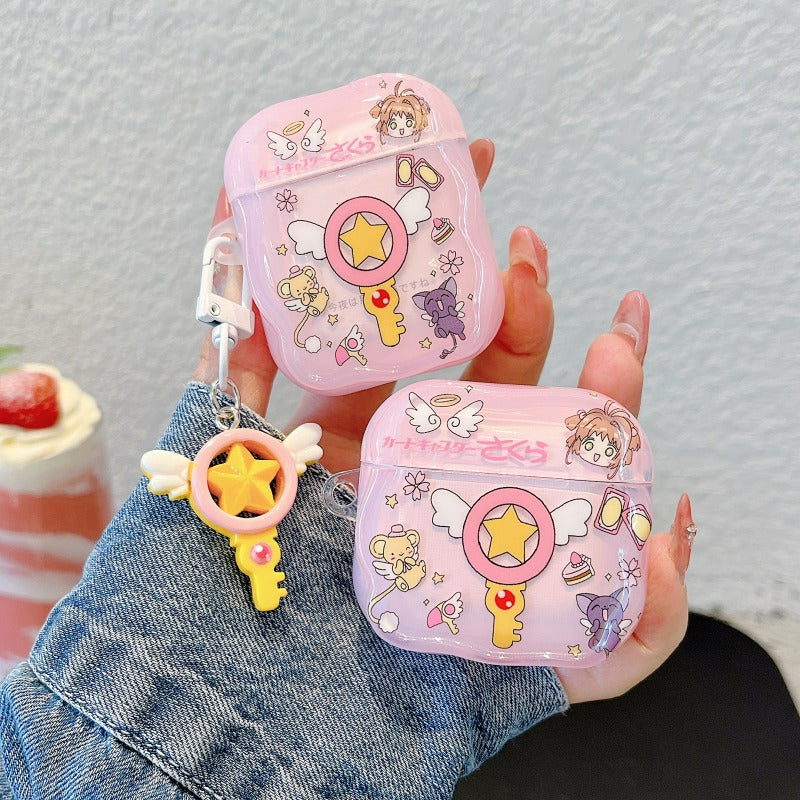 Japanese Cartoon CardCaptor Sakura | Drawing Cerberus & Magic Wand Stick - with Charm AirPods AirPodsPro AirPods3 AirPods4 Case