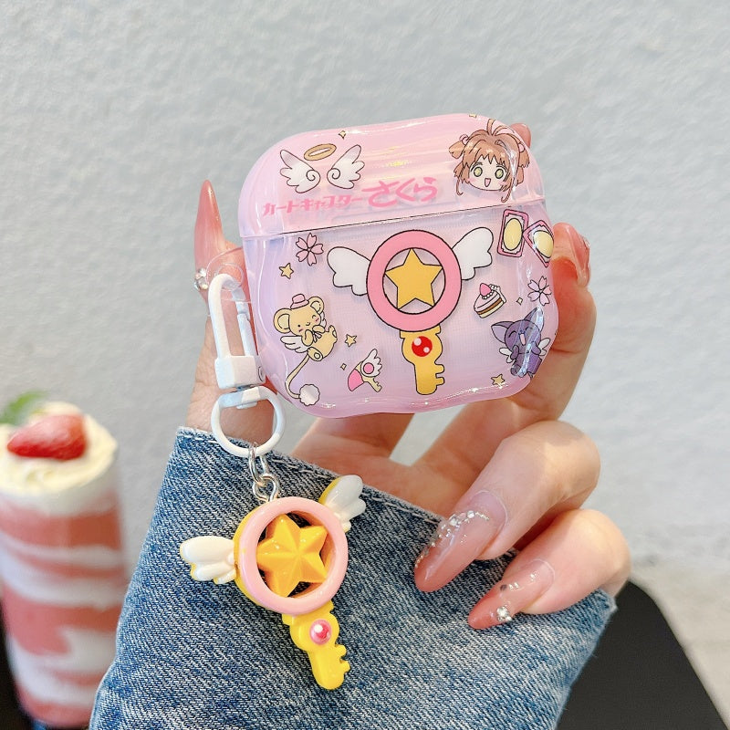 Japanese Cartoon CardCaptor Sakura | Drawing Cerberus & Magic Wand Stick - with Charm AirPods AirPodsPro AirPods3 AirPods4 Case