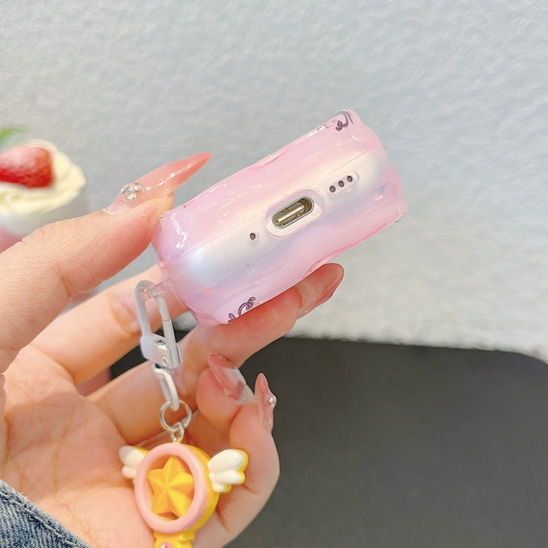 Japanese Cartoon CardCaptor Sakura | Drawing Cerberus & Magic Wand Stick - with Charm AirPods AirPodsPro AirPods3 AirPods4 Case