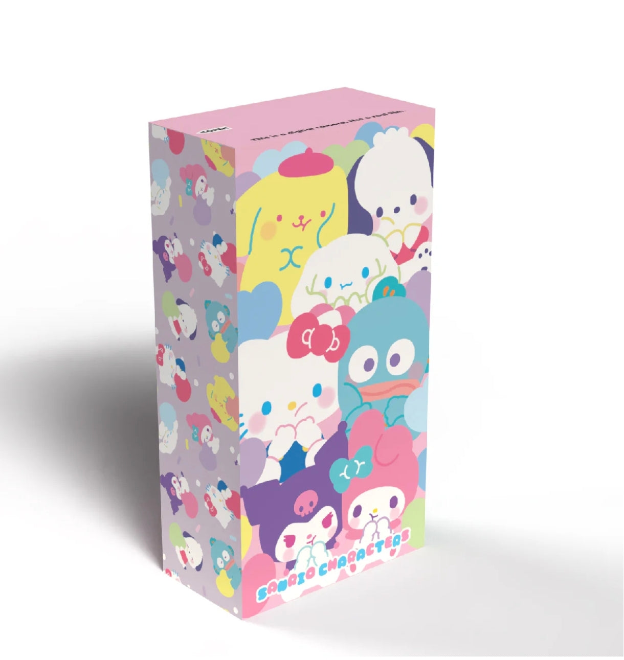 Pink rectangular blind box packaging for the Escura Sanrio Characters SnapRoll film simulation digital camera featuring Hello Kitty, Kuromi, My Melody, Pompompurin, Cinnamoroll, and Pochacco.