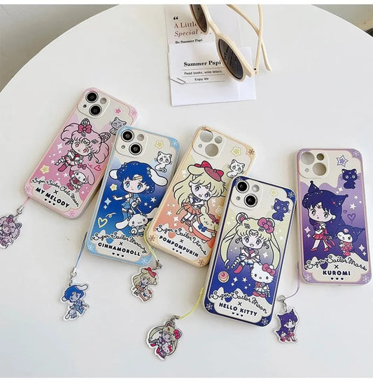 Japan Cartoon Sailor Moon x Sanrio with Phone Strap White Case | Hello Kitty My Melody Kuromi Cinnamoroll Pompompurin - iPhone Case 6 7 8 PLUS SE2 XS XR X 11 12 13 14 15 16 17 17e Pro Promax 12mini 13mini