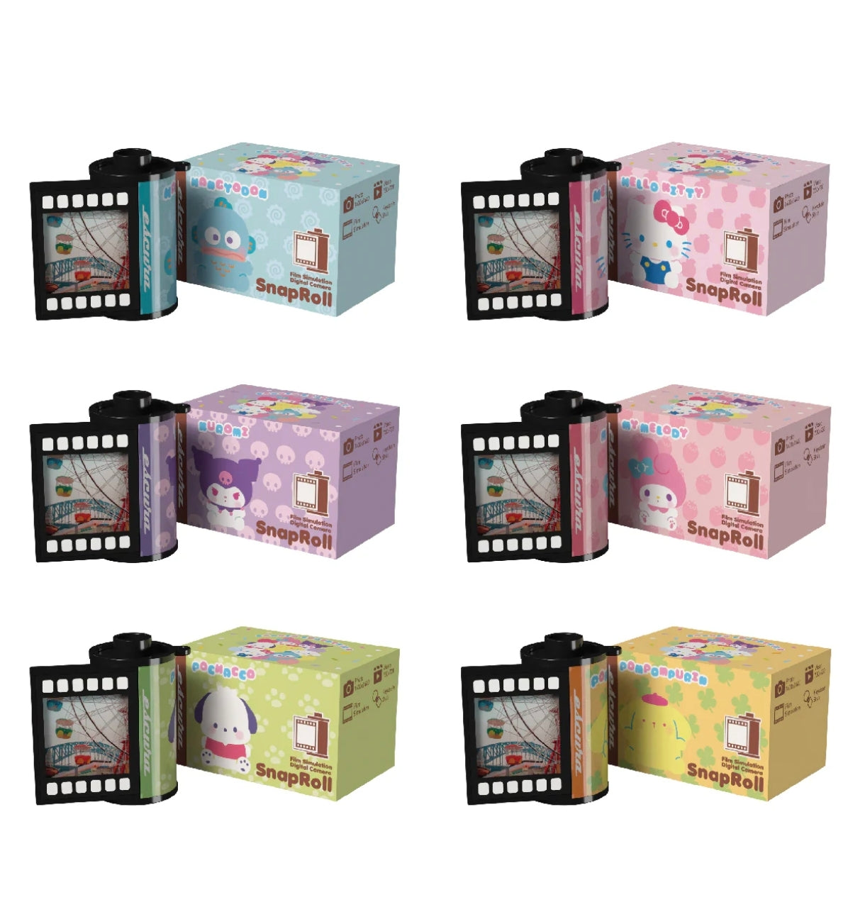 Six different variations of the Escura SnapRoll digital camera shaped like 135 film canisters with matching character boxes featuring Hangyodon, Hello Kitty, Kuromi, My Melody, Pochacco, and Pompompurin.