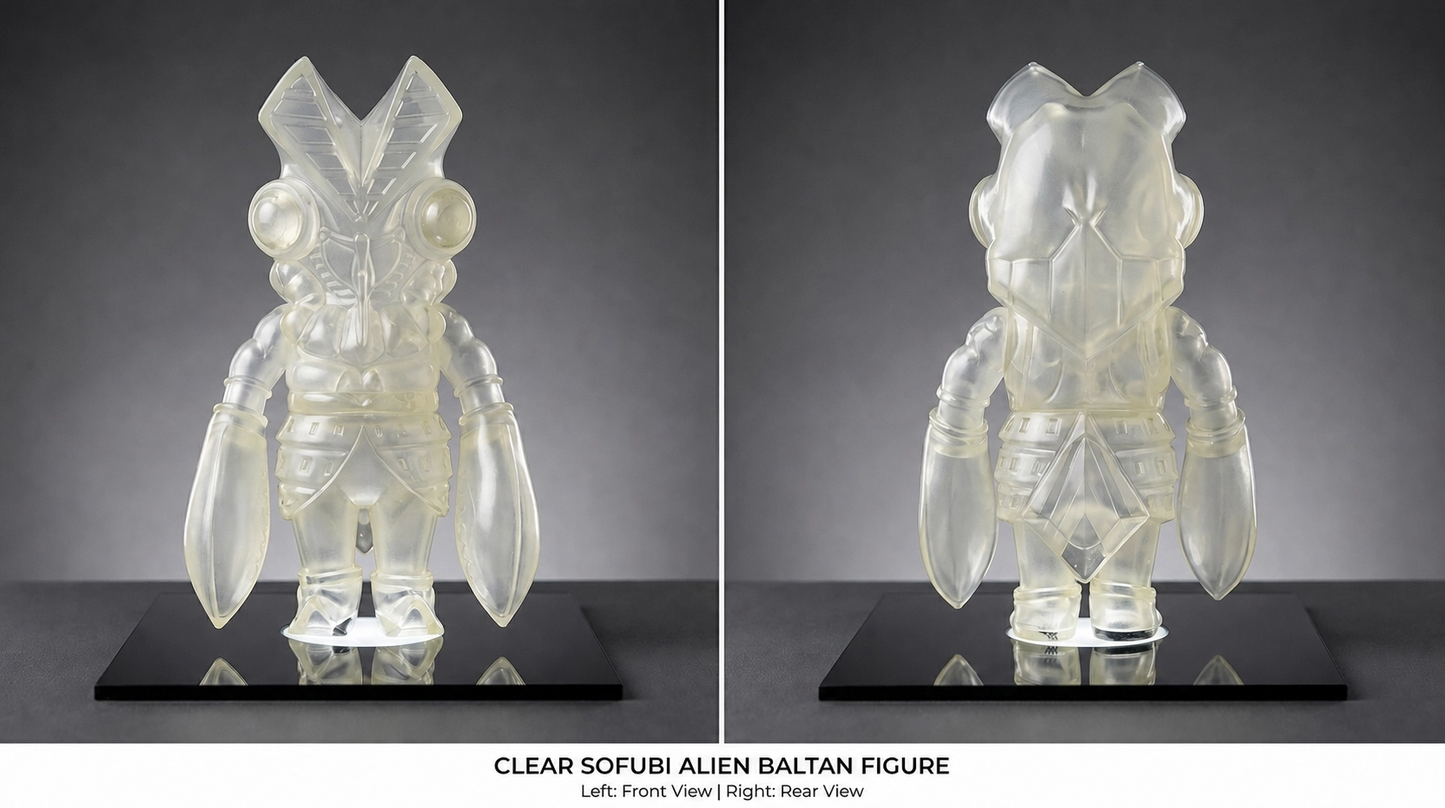 Two-panel product showcase from the file baltan_sofubi_clean.png showing the front and rear views of a 20cm tall milky white translucent PVC-Vinyl Alien Baltan sofubi figure by Play Toy standing on a glossy black display base.