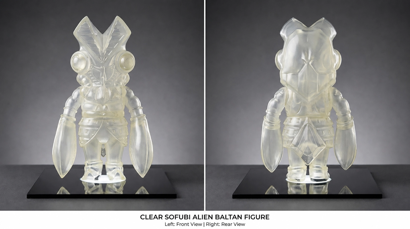 Two-panel product showcase from the file baltan_sofubi_clean.png showing the front and rear views of a 20cm tall milky white translucent PVC-Vinyl Alien Baltan sofubi figure by Play Toy standing on a glossy black display base.