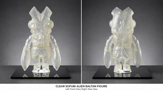 Two-panel product showcase from the file baltan_sofubi_clean.png showing the front and rear views of a 20cm tall milky white translucent PVC-Vinyl Alien Baltan sofubi figure by Play Toy standing on a glossy black display base.