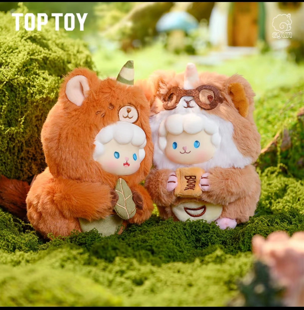 Two Gyun Big-Tailed Critter Crew dolls sitting together at a wooden tree-stump picnic table with cake in a sunny moss forest