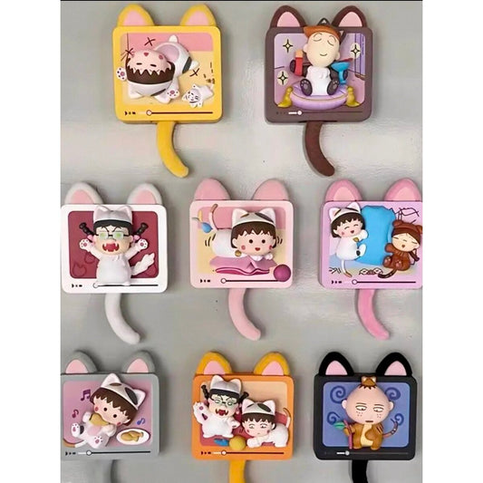 Chibi Maruko-chan Home Alone Cats Series fridge magnet blind box - all 8 cat-ear designs on display