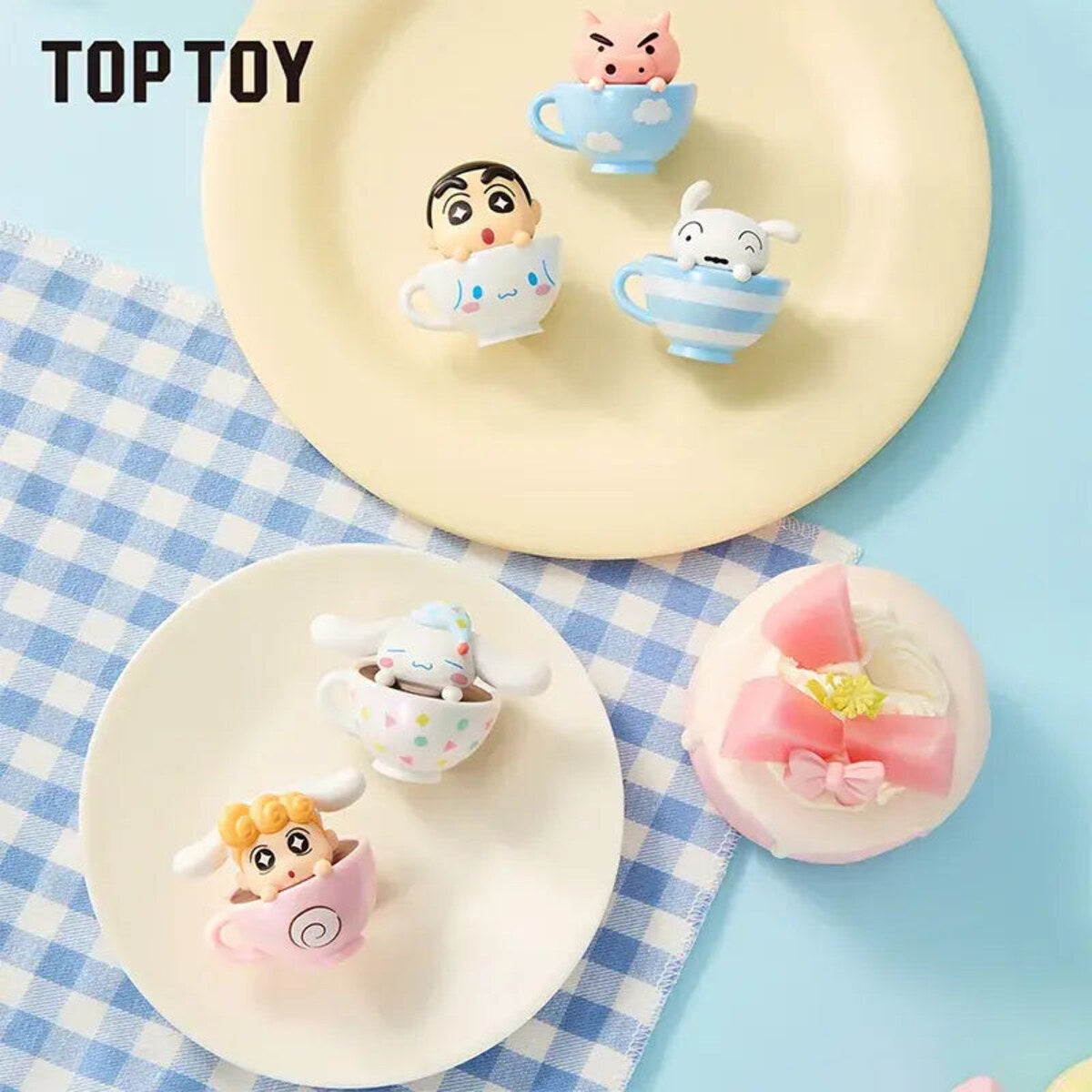 Crayon Shin-chan x Cinnamoroll Teacup Series teacups arranged on pastel plates