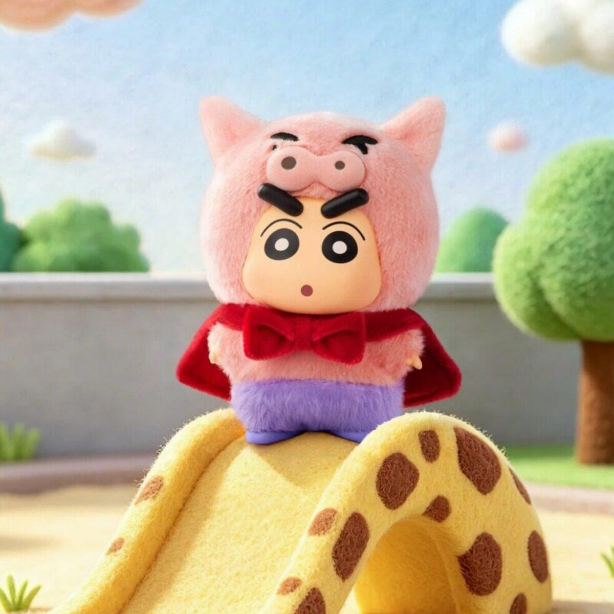 Shin-chan in a pig costume with a red superhero cape on a playground slide (Super Kindergartener)