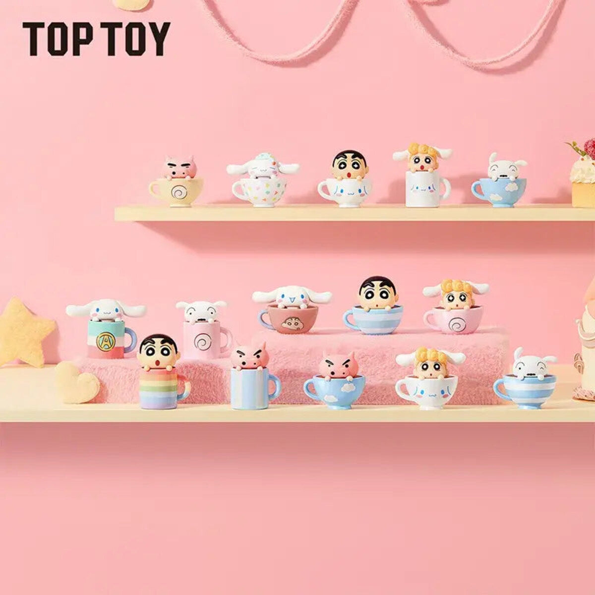 Crayon Shin-chan x Cinnamoroll Teacup Series mini figure collection on pink shelves