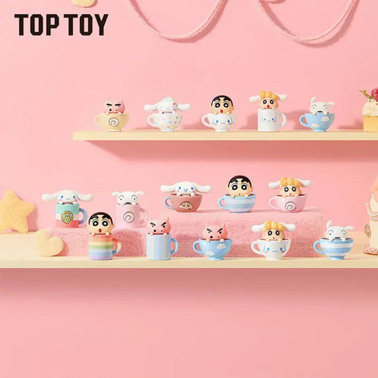 Crayon Shin-chan x Cinnamoroll Teacup Series mini figure collection on pink shelves