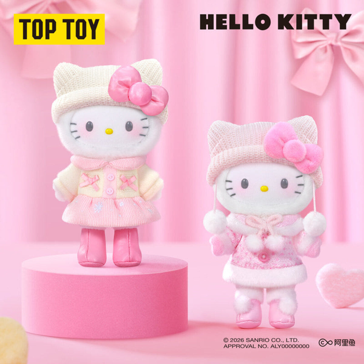 Hello Kitty Heartbeat Photoshoot Series plush pendant in a white knit hat and pink bow