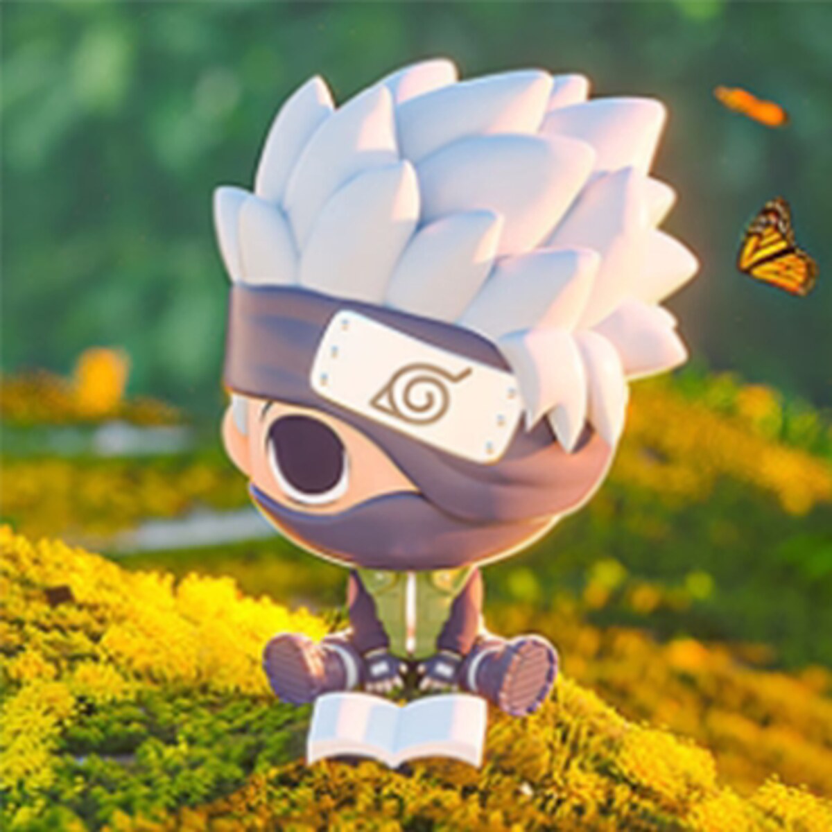 Kakashi Hatake sitting figure with silver spiky hair, face mask and forehead protector reading from the MINISO x Naruto Shippuden Sitting Series blind box