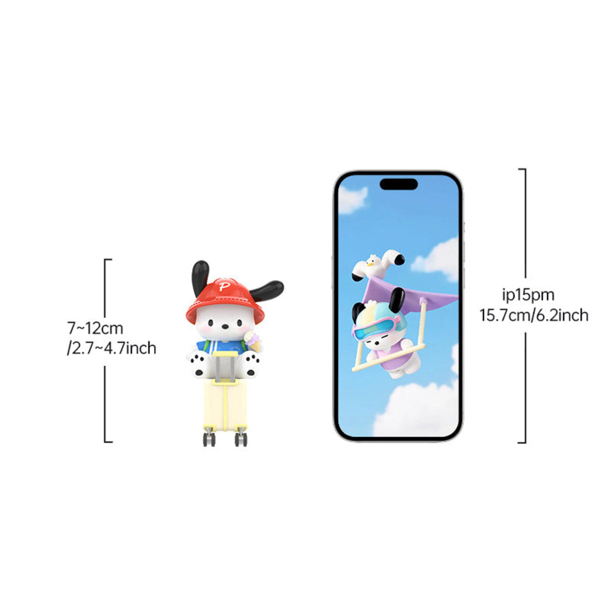 TOPTOY Pochacco Travel Diary Series single blind box size chart 9.5 x 9.5 x 9.5 cm