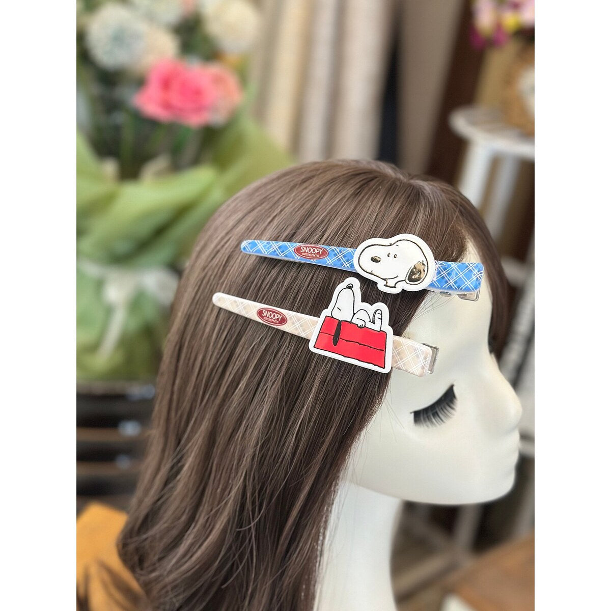 Snoopy blue plaid extra-large bar clips worn in hair