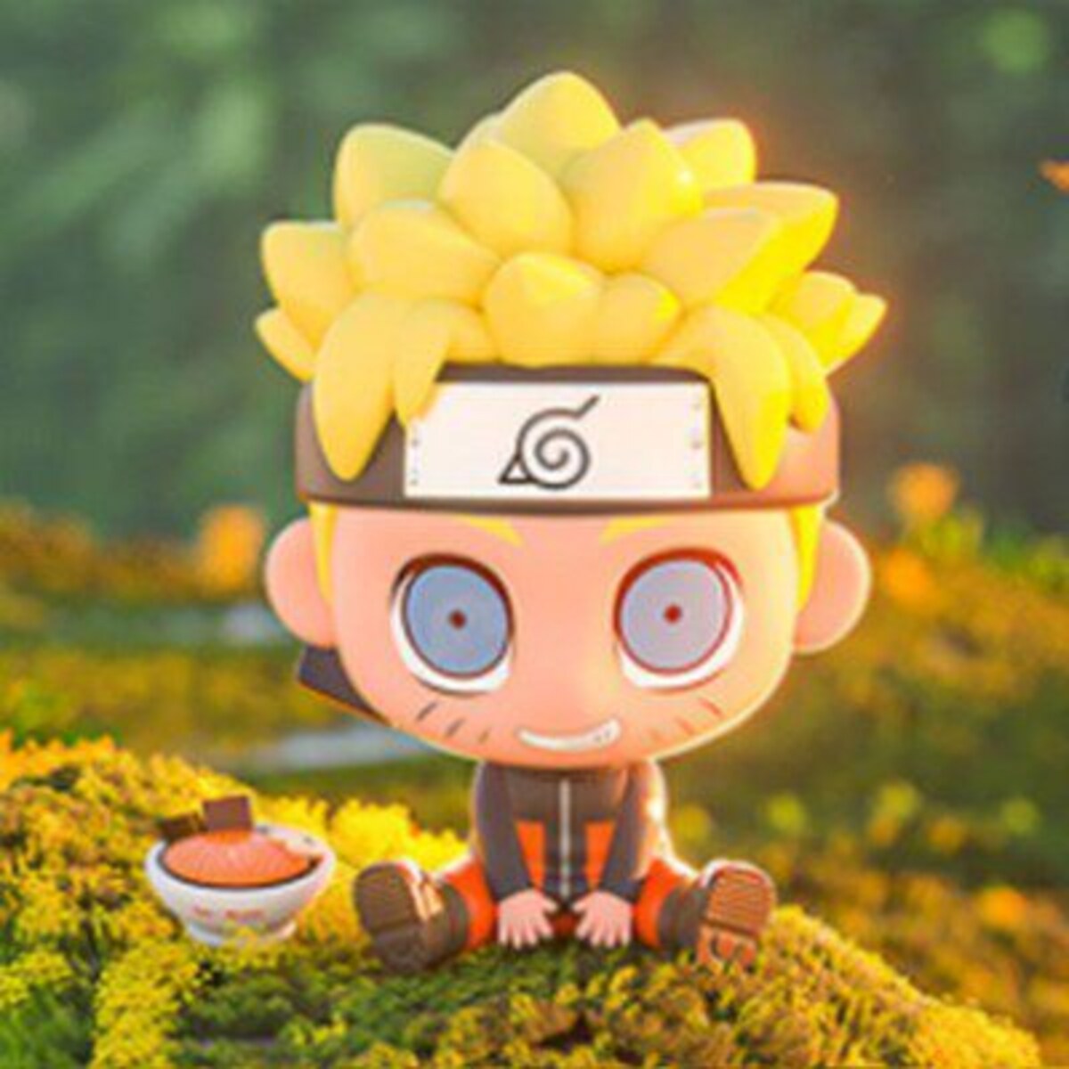 Naruto Uzumaki sitting figure with blond spiky hair and whisker marks holding a ramen bowl from the MINISO x Naruto Shippuden Sitting Series blind box