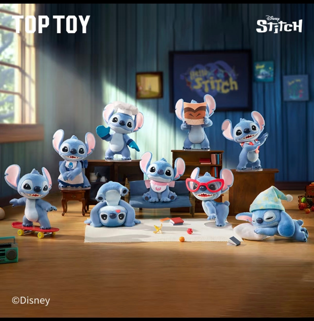 Complete collection of 8 Hello Stitch vinyl figures by TOP TOY unboxed together