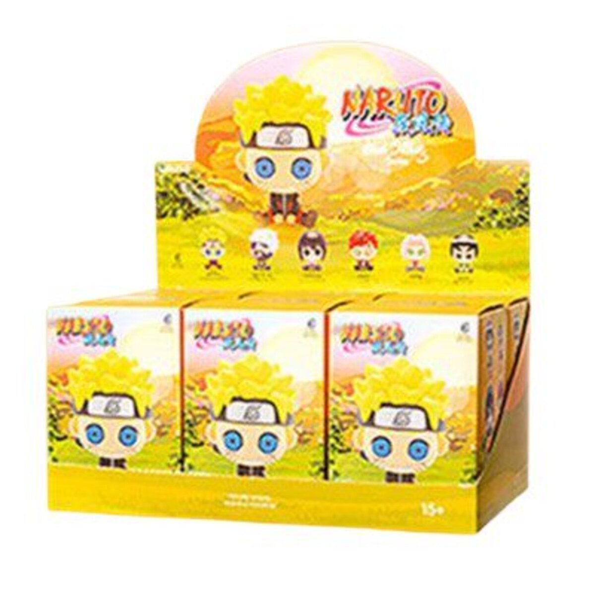 Full case display of the MINISO x Naruto Shippuden Sitting Series blind boxes with all six character designs shown on the packaging