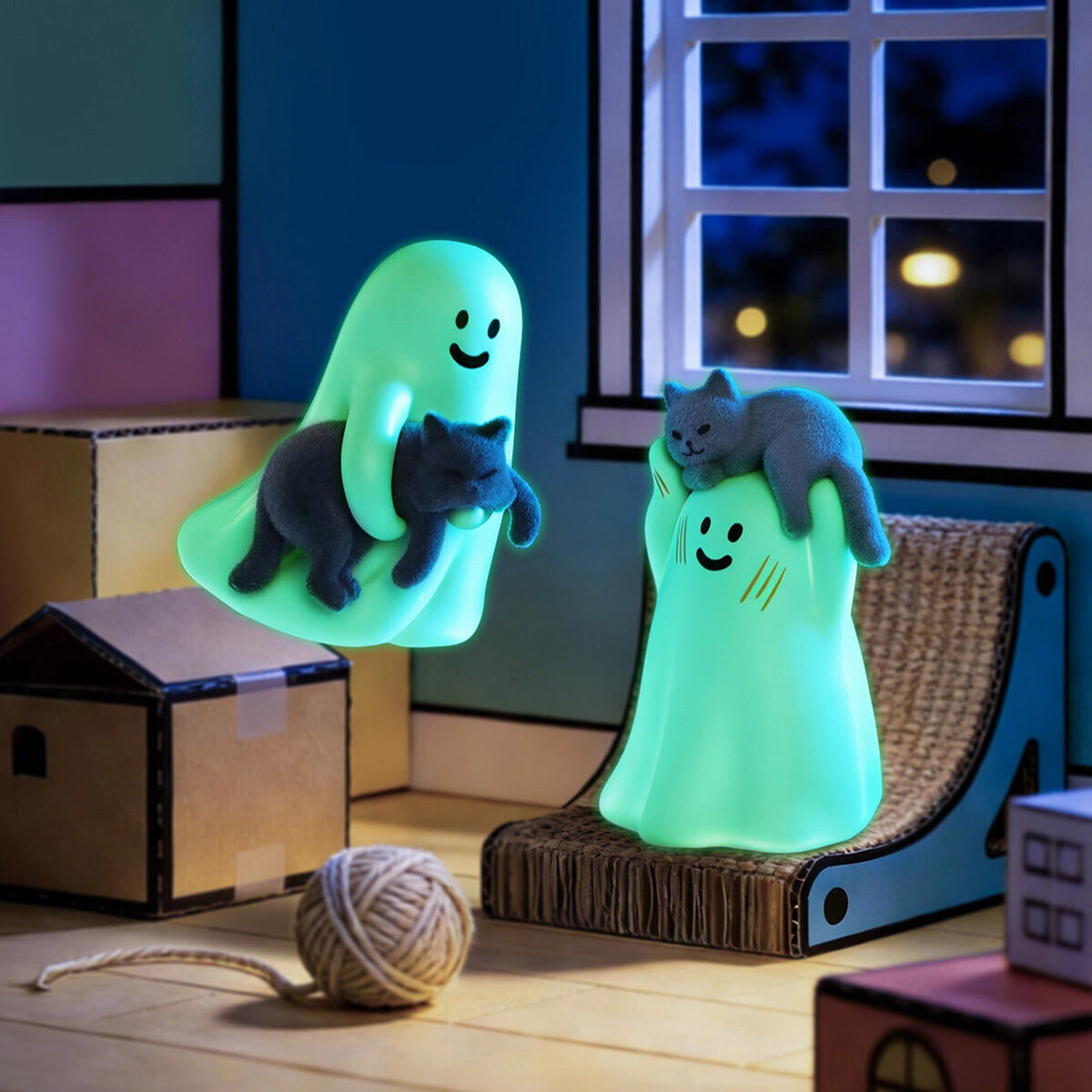 Green glow-in-the-dark GHODY ghost with a gray cat on its head beside a white ghost on a cat tower