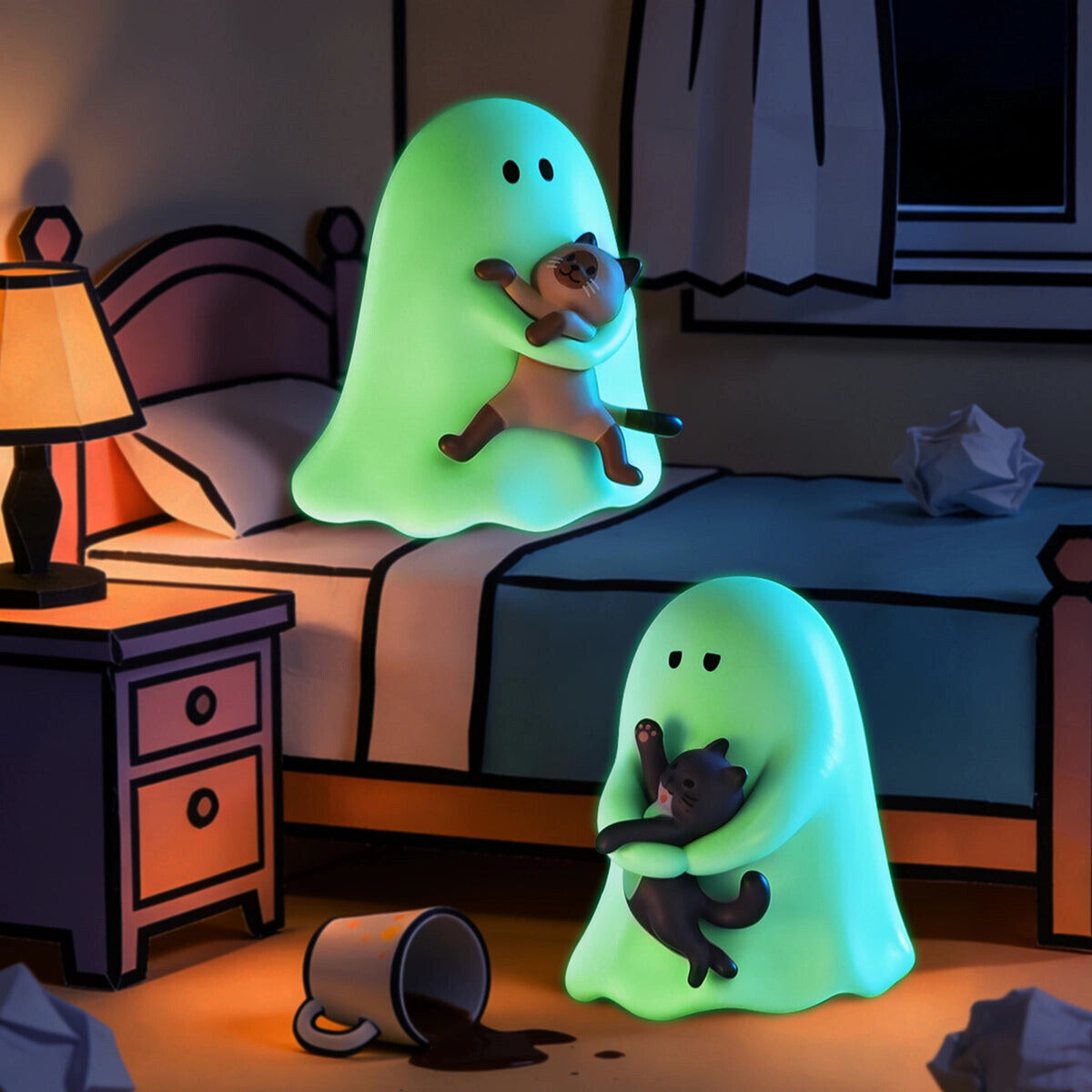 Glowing green GHODY ghost and a white ghost hugging their cats in a bedroom at night