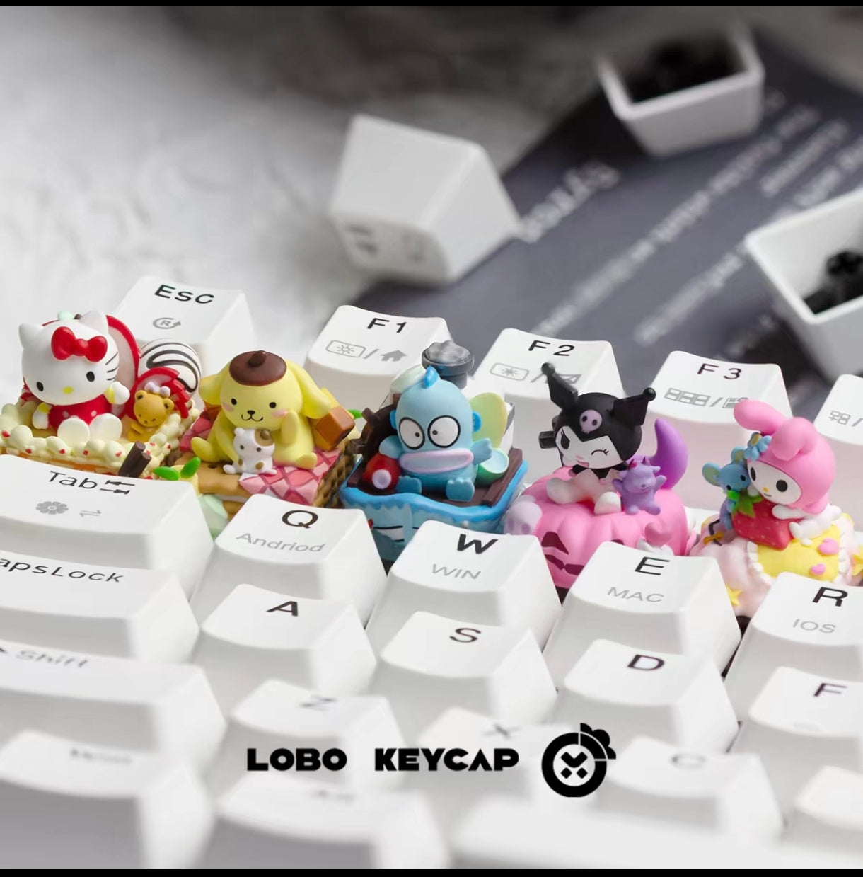 Lobo Sanrio Friends Kawaii Expression Artisan Keycaps – Hand-Cast Resin Mechanical Keyboard Accessories (Hello Kitty, Kuromi, My Melody, Pompompurin, Hangyodon)
