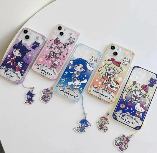 Japan Cartoon Sailor Moon x Sanrio with Phone Strap Clean Case | Hello Kitty My Melody Kuromi Cinnamoroll Pompompurin - iPhone Case 6 7 8 PLUS SE2 XS XR X 11 12 13 14 15 16 17 17e Pro Promax 12mini 13mini