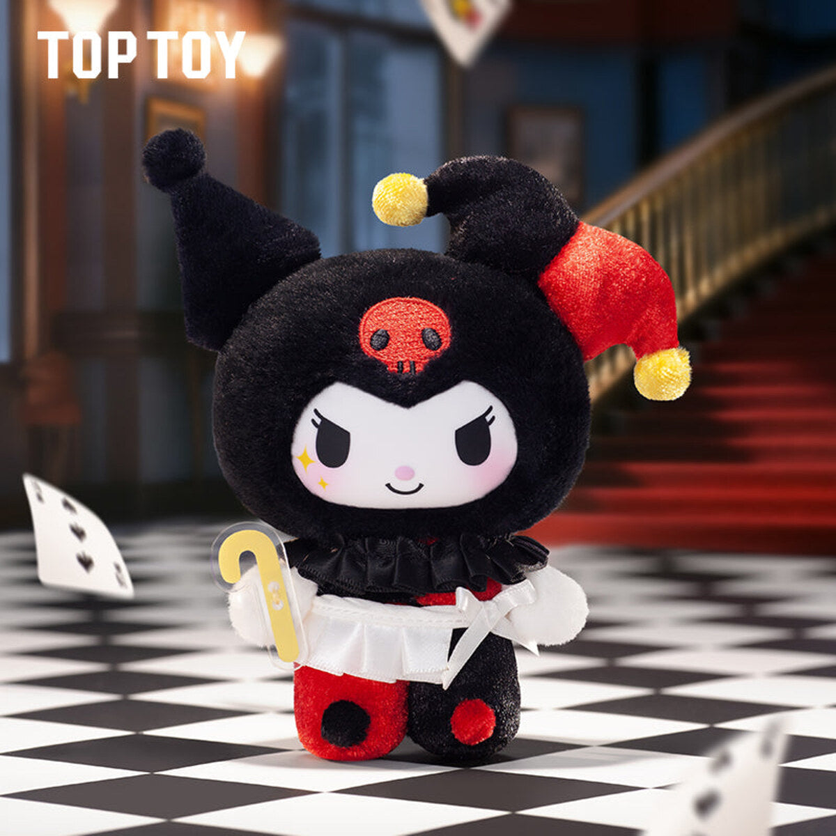 Kuromi Poker Kingdom JOKER plush pendant in a red-and-white jester hood with a black skull crest