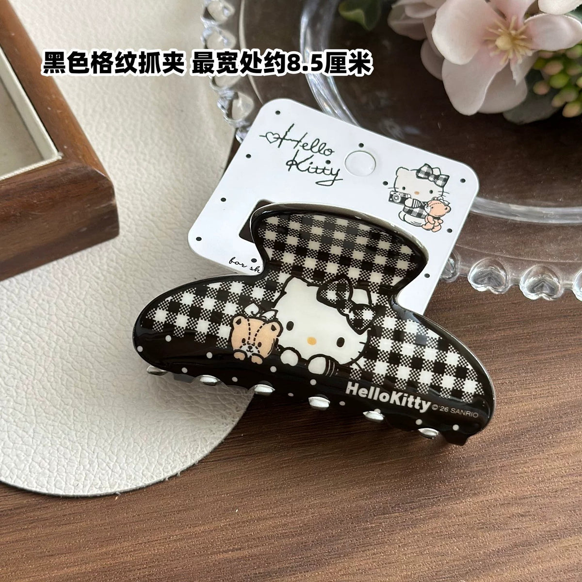 Hello Kitty Black Gingham Acrylic Medium Claw Clip 8cm - Sanrio licensed acrylic claw clip