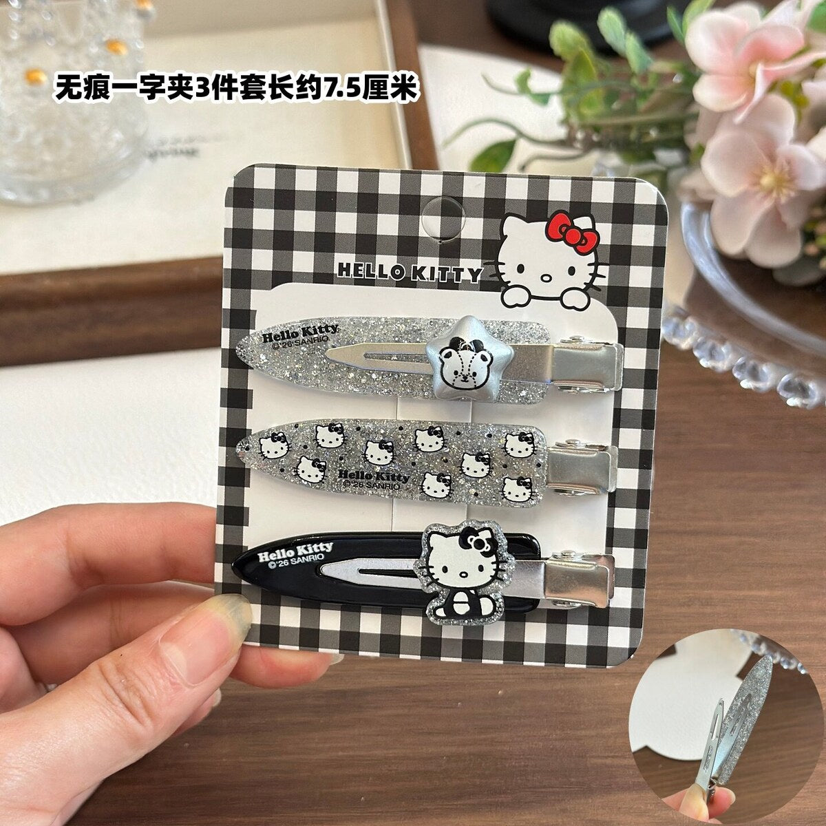 Hello Kitty Silver & Black No-Crease Clip Set of 3 - 7.5cm