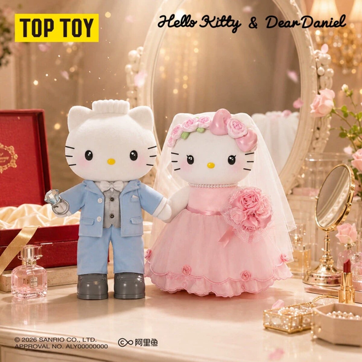 TOPTOY Hello Kitty and Dear Daniel Century Wedding plush figures holding hands, Daniel in a blue groom suit and Kitty in a pink wedding gown