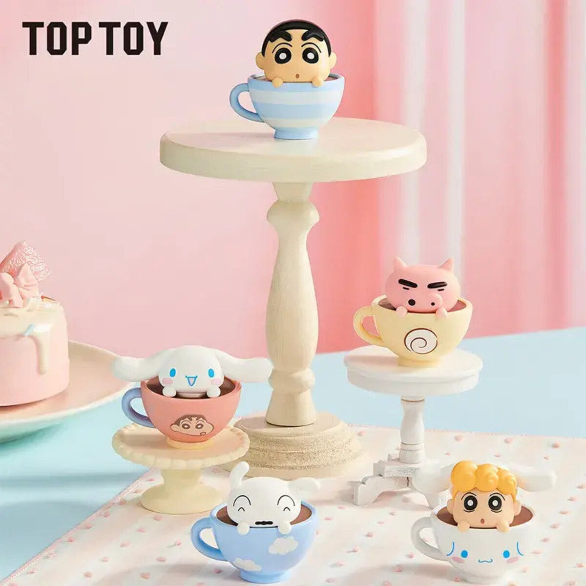 Crayon Shin-chan x Cinnamoroll Teacup Series mini figures displayed on a tiered stand