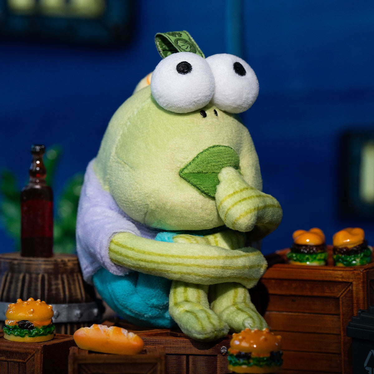 POP MART SpongeBob SquarePants Bikini Bottom Buddies Whimsical Plush - Dopey Fish design sitting with a leaf in its mouth