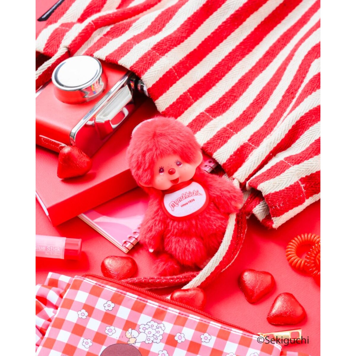 Red macaron Monchhichi Colorful Fantasy plush keychain with red hearts and a gift box