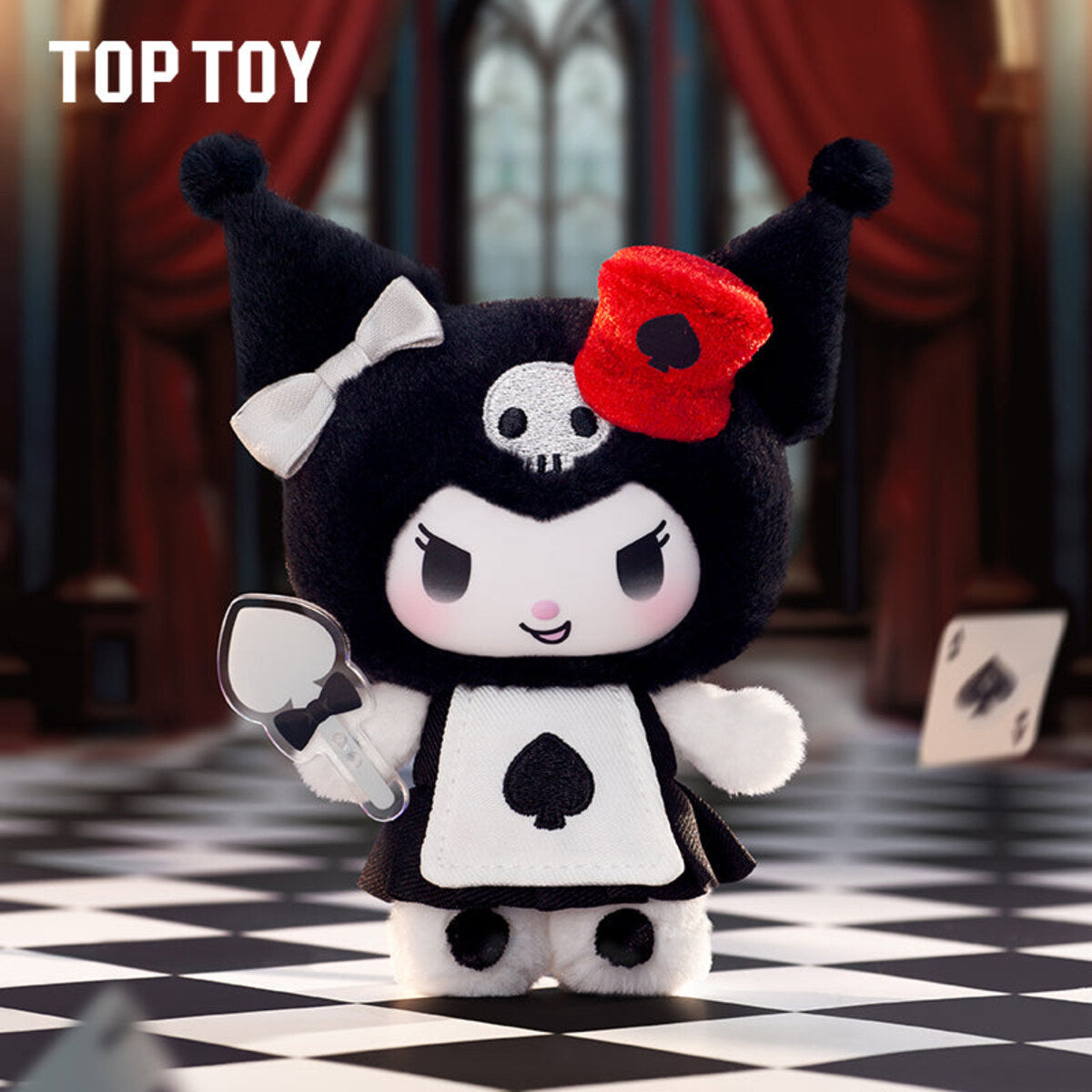 Kuromi Poker Kingdom SPAde plush pendant in a black hood with a white spade emblem on the apron