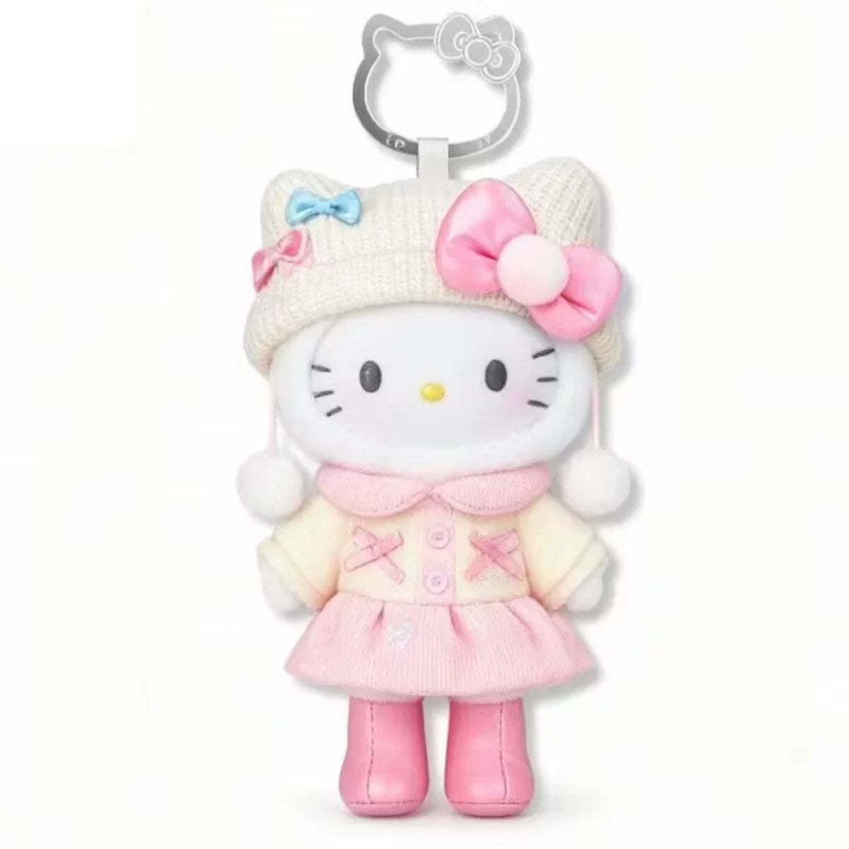 Cream Frost Sweet Dream - Hello Kitty plush pendant in a pastel knit hat with a cream and pink dress