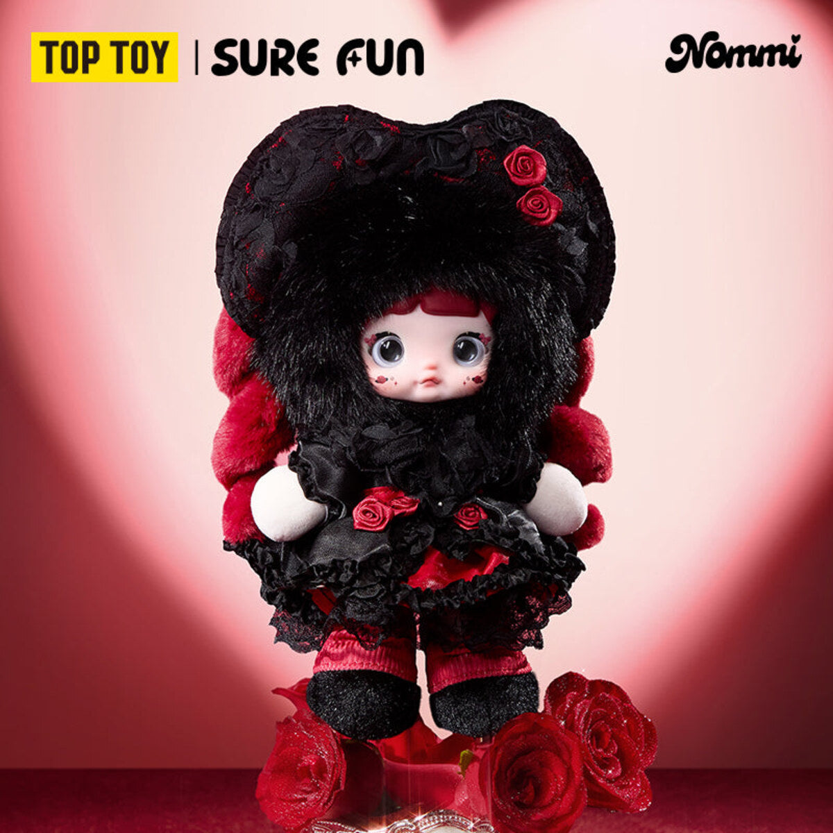 Nommi Treasure Collector Series secret Rose Collector black and red plush doll surrounded by roses