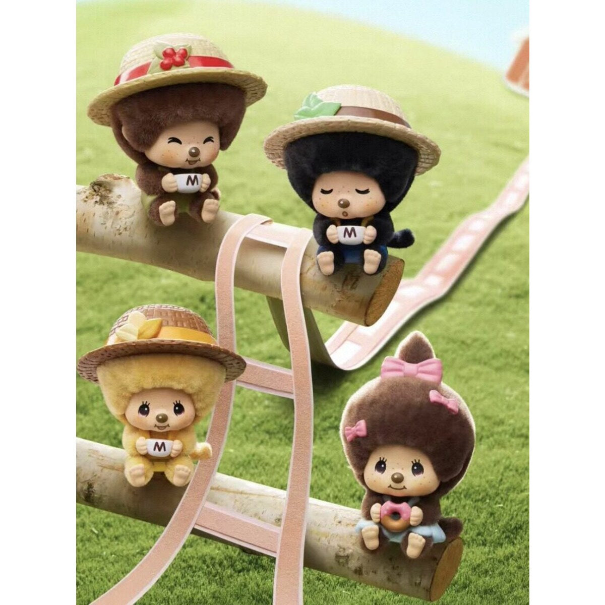 Monchhichi Mon Mon Farm Classic Coffee plush pendants sitting on a branch