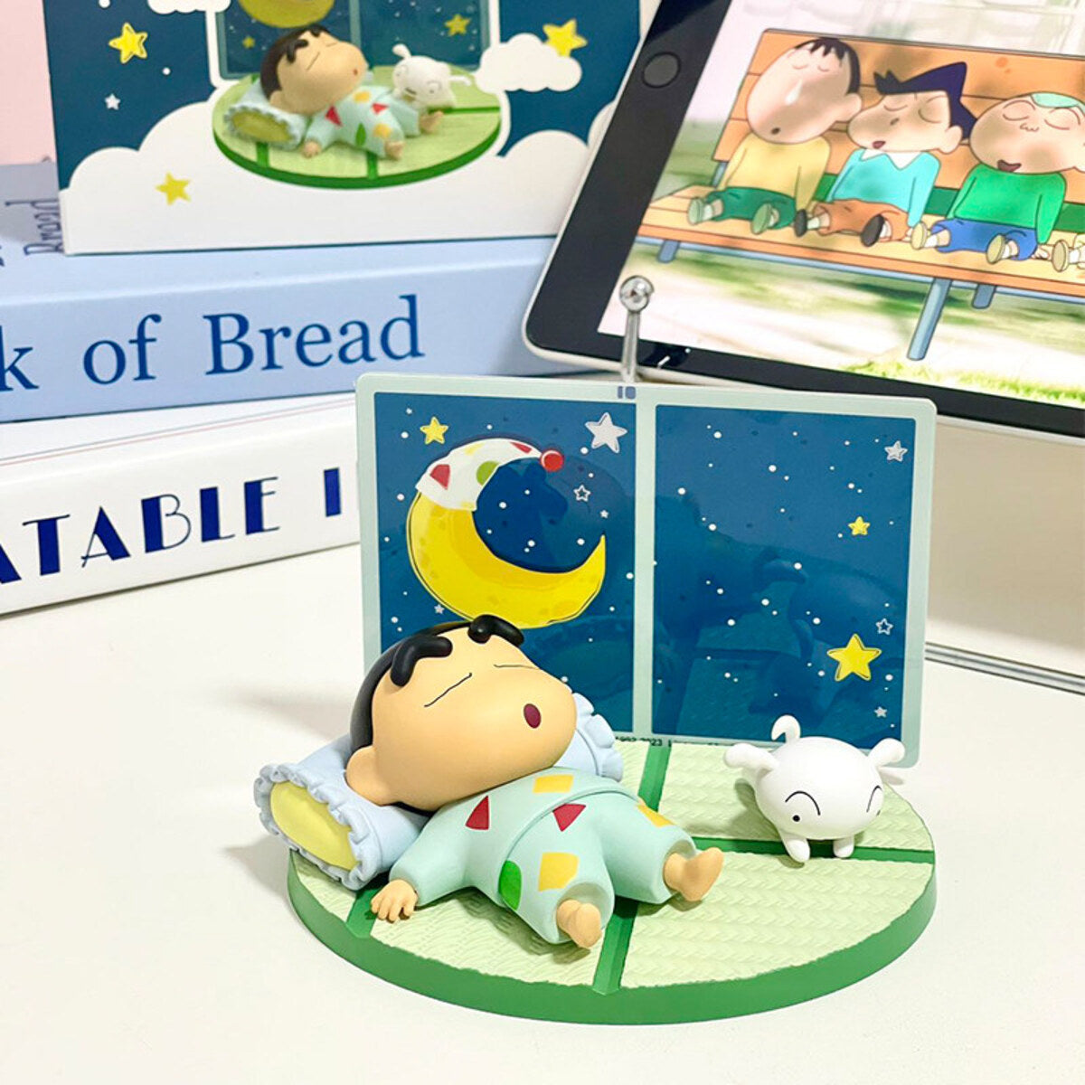 Crayon Shin-chan sleepy time scene figure asleep on a pillow with moon and star backdrop