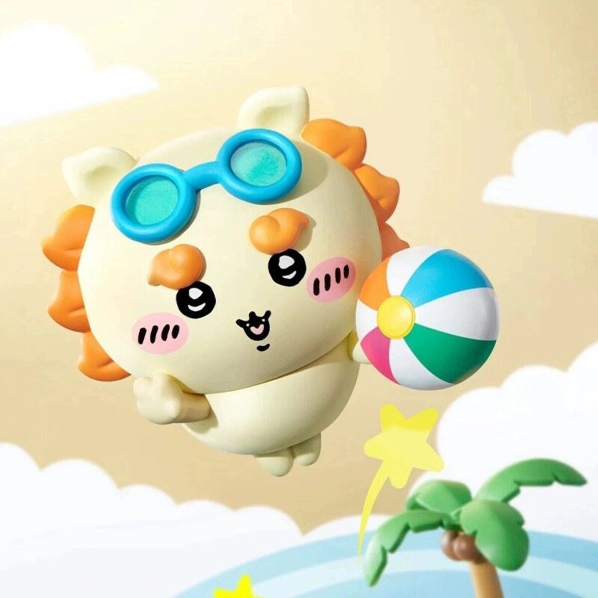 Shisa with a beach ball figure from the MINISO Chiikawa Summer Momo Cha Series