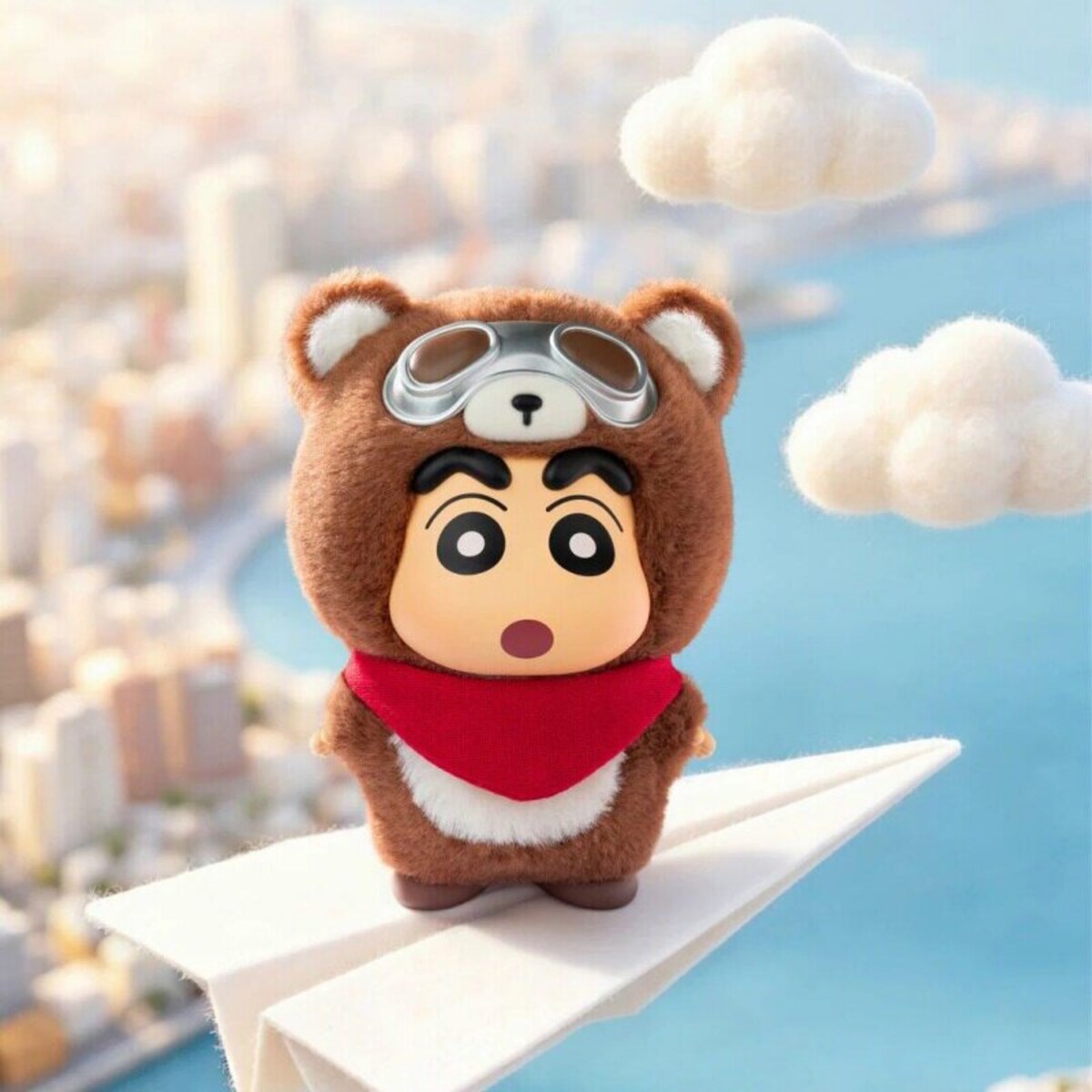 Shin-chan in a teddy bear pilot costume with aviator goggles riding a paper plane (Bear Pilot)