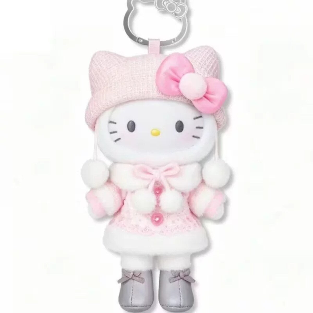 Exclusive Sweetness - Hello Kitty plush pendant in a cream bow hat and pink pom pom dress