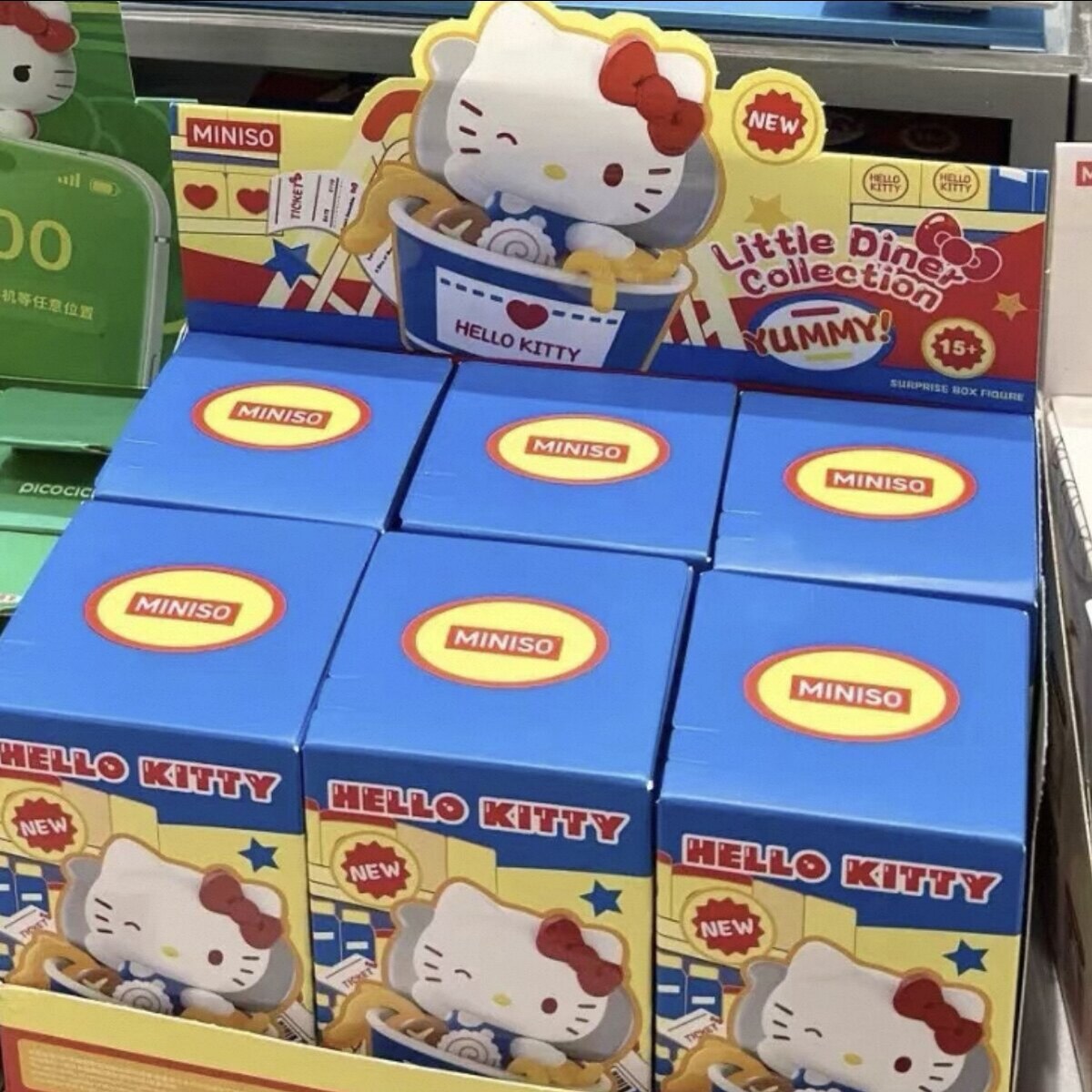 Full case of 6 Hello Kitty Little Diner blind boxes in MINISO display